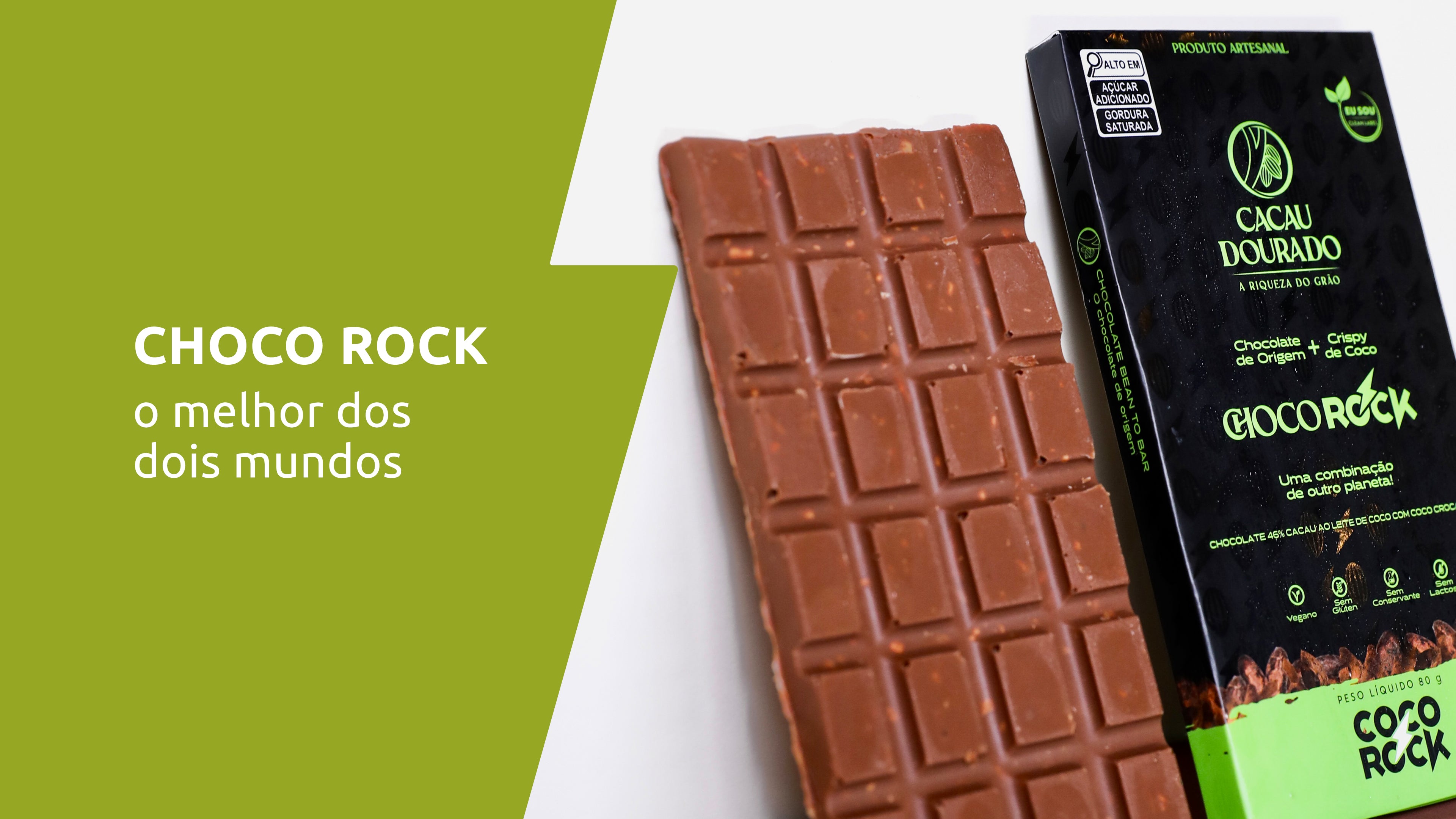 Barra de chocolate artesanal, composta de cacau 46%, leite de coco e crocante de coco