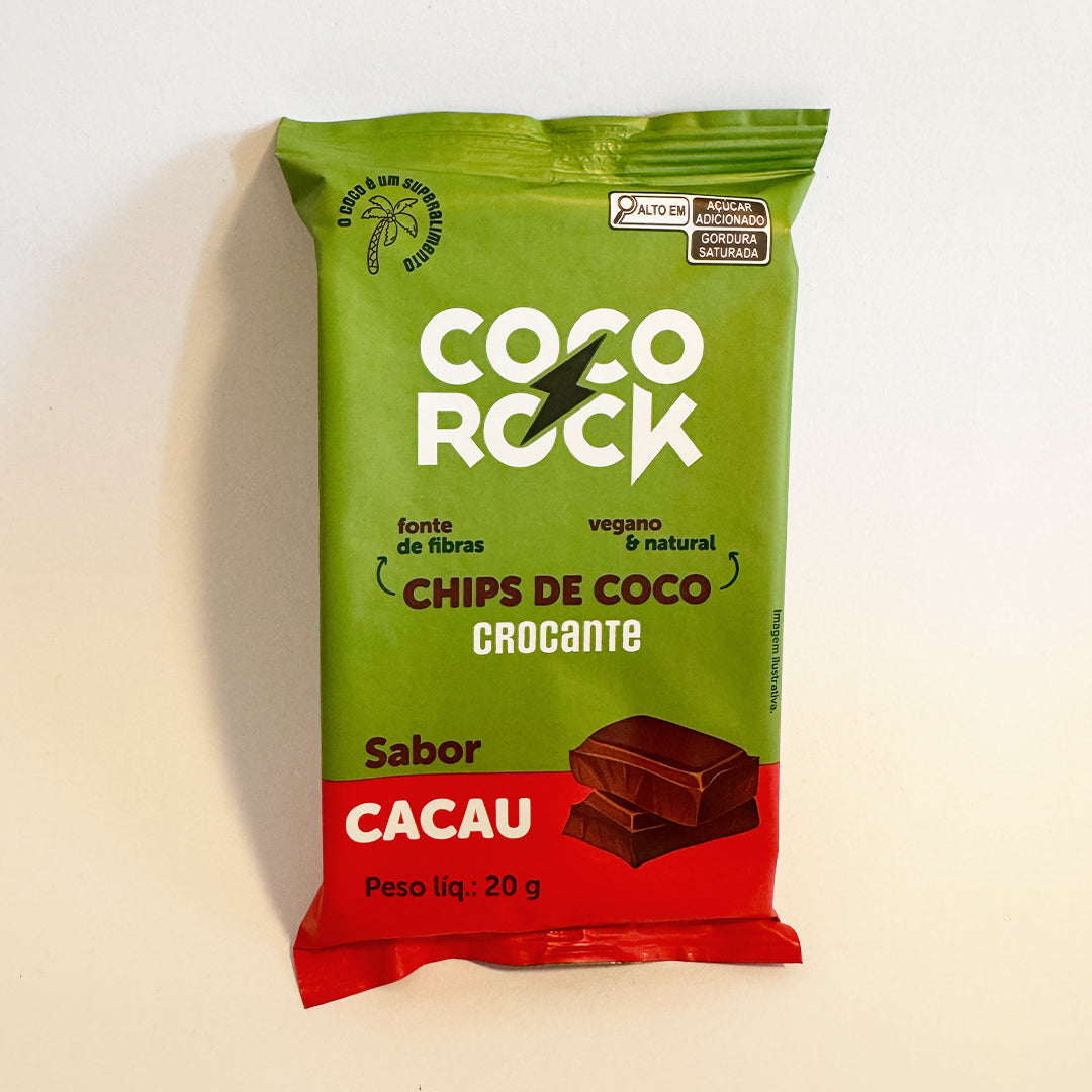 Flowpack de chocorock em embalagem verde e vermelha, com dois tabletes de chocolate na frente