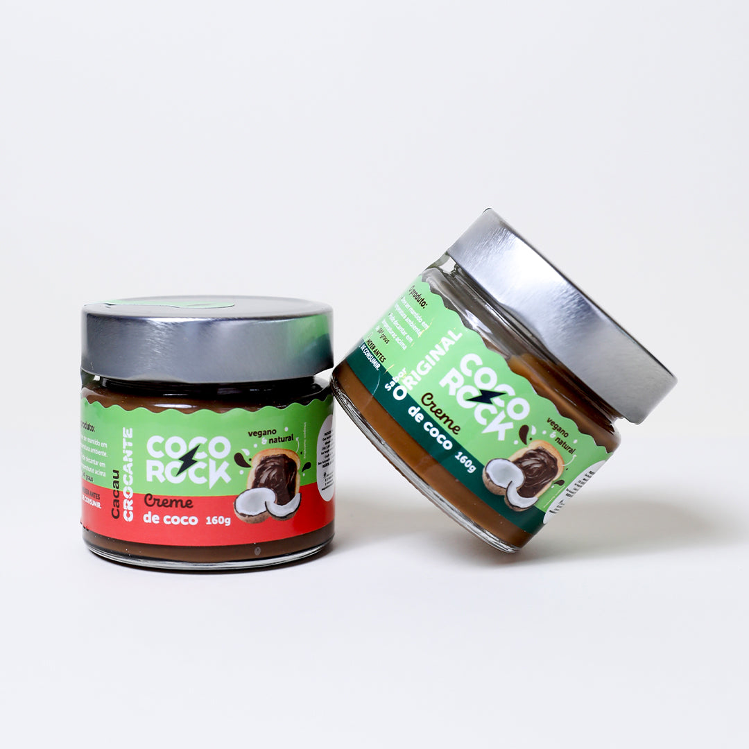 Dois potes de creme Coco Rock, sabor coco cacau crocante e original, com 160g cada, em fundo branco.