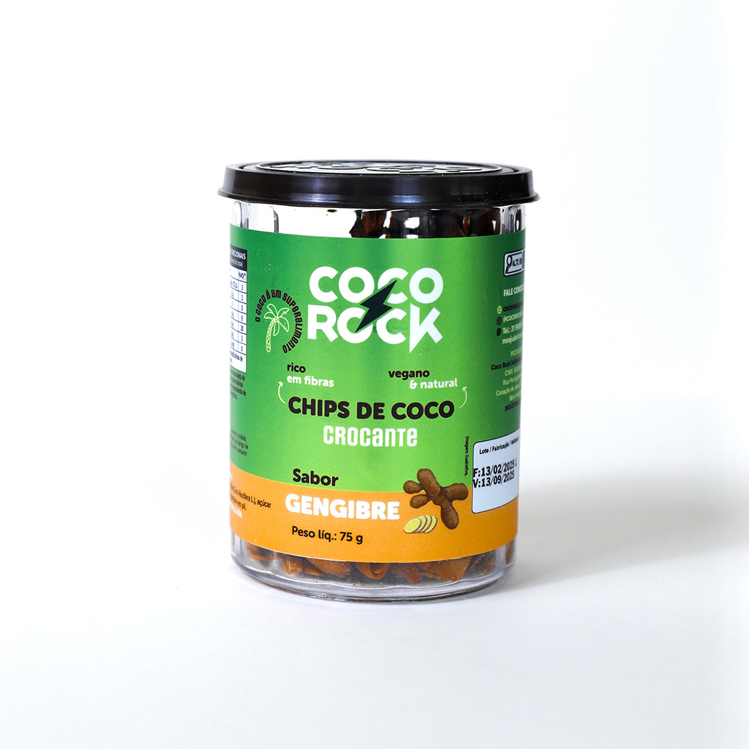 Embalagem de 75g de chips de coco crocante com gengibre, em pote com rótulo verde e detalhes alaranjados.