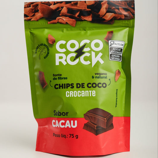 Chips de coco cacau, em ziplock de 75 gramas, com rótulo verde tarja vermelha