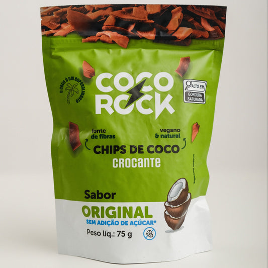 Chips de coco original, sem açúcar, em ziplock de 75 gramas, com rótulo verde e  branco