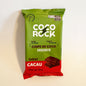 Flowpack de chocorock em embalagem verde e vermelha, com dois tabletes de chocolate na frente