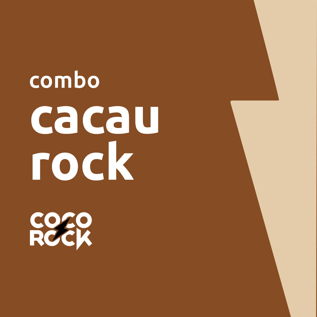 Combo cacau rock em fundo marrom e branco, com logo coco rock.